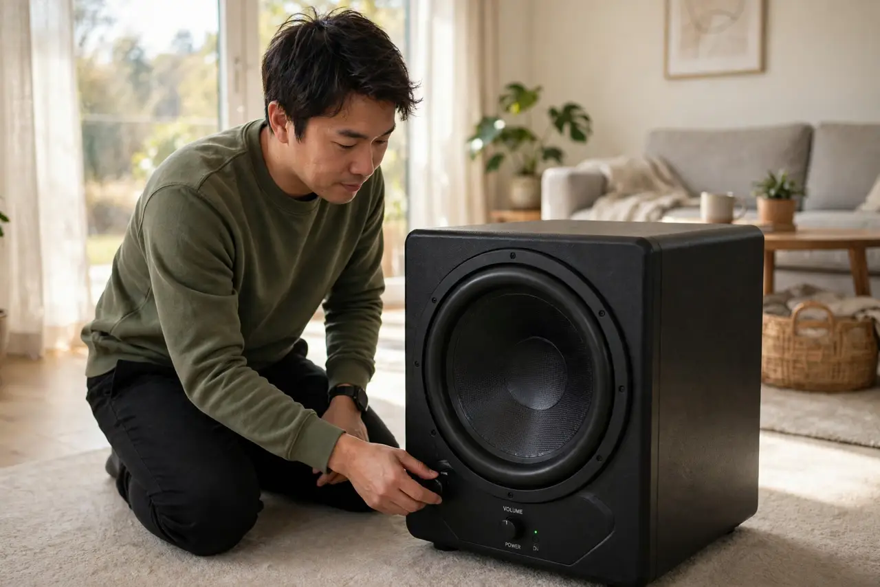 A person kneeling beside a real subwoofer placed away from the corner in a living room, hand adjusting the volume knob, the person's face listening intently, warm light.