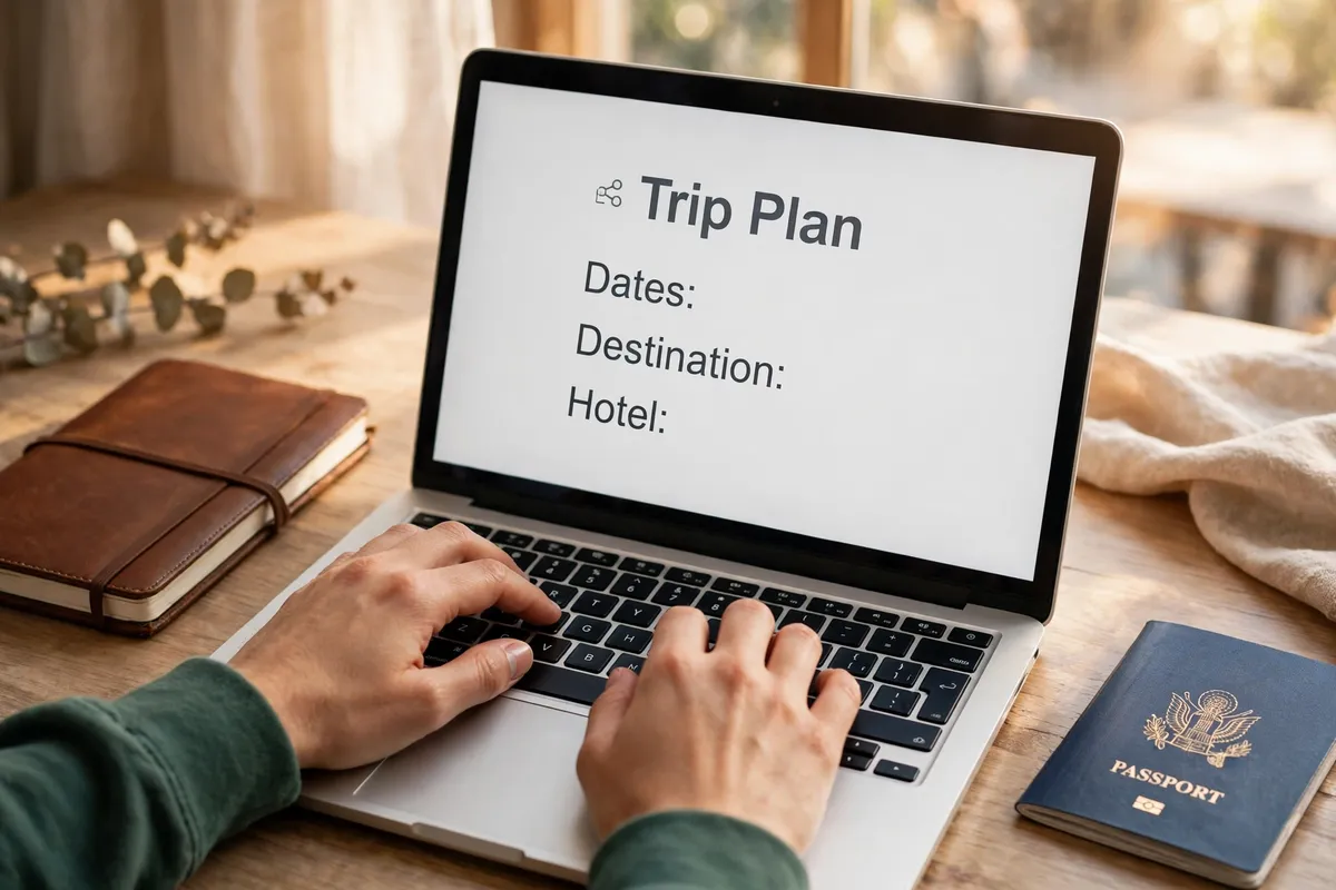 Hands typing on a laptop showing a shared trip document titled Trip Plan, with Dates, Destination and Hotel headings, beside a travel notebook and a passport.