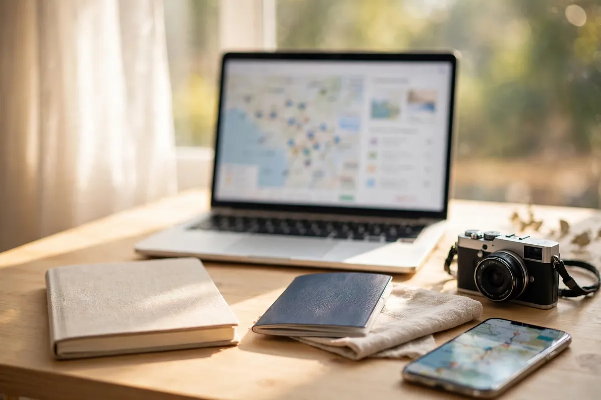 A laptop on a sunny wooden desk showing a shared trip map, beside a notebook, a passport, a camera and a phone.