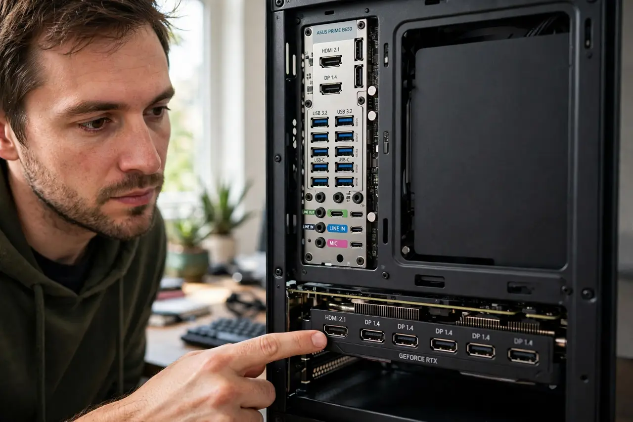 A person performing the first step: Find the two port clusters. Motherboard video ports sit vertical, high on the case.