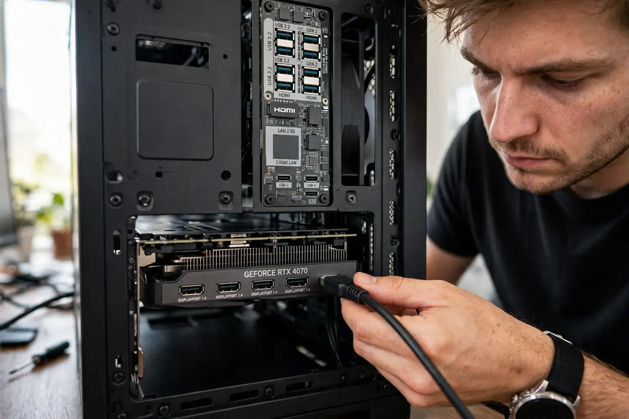 A person's hand plugging a real DisplayPort cable into the horizontal ports of a dedicated graphics card at the back of
