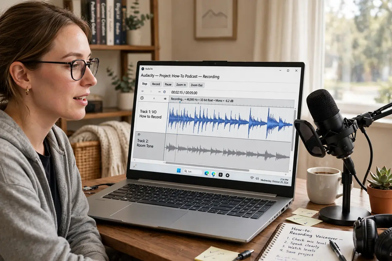 a person speaking into a real USB microphone on a desk, a real laptop showing audio waveforms with legible tracks, the person's face engaged, cozy home room.