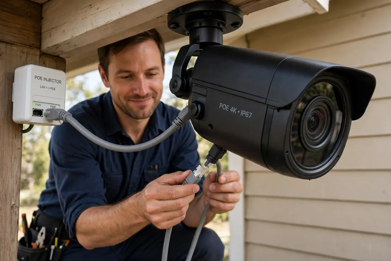 A person connecting a real PoE security camera to a real ethernet cable under a house eave, a small PoE injector visible, the person's face satisfied, daytime.