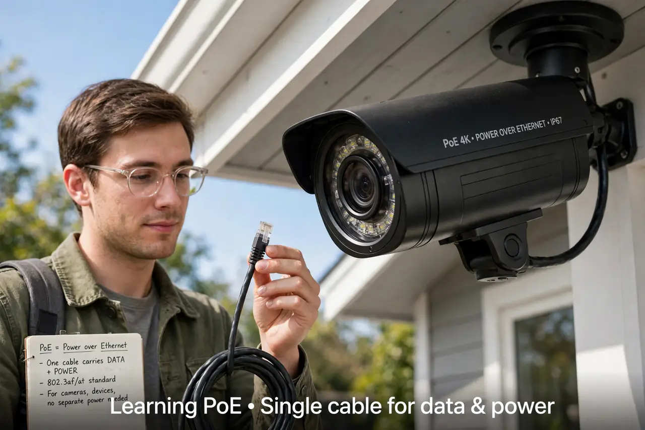 Photoreal photo of a person performing the first step: Understand what PoE gives you. One Ethernet cable carries both data and power — the camera n...