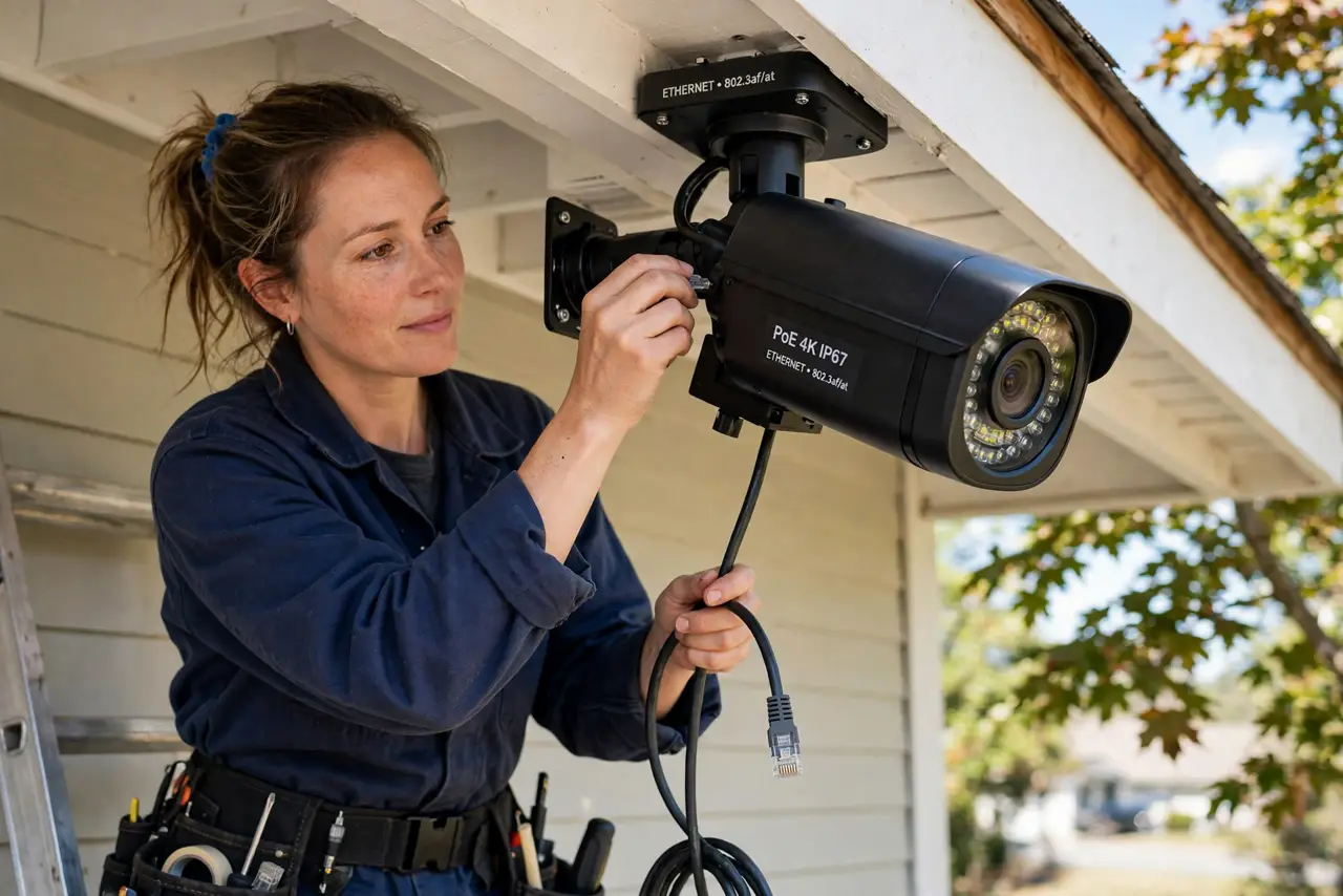 Photoreal photo: a person mounting a real PoE security camera under an eave while holding a real Ethernet cable, the person's face focused, daytime exterior. No black screen, no blank white screen, no fake or garbl...