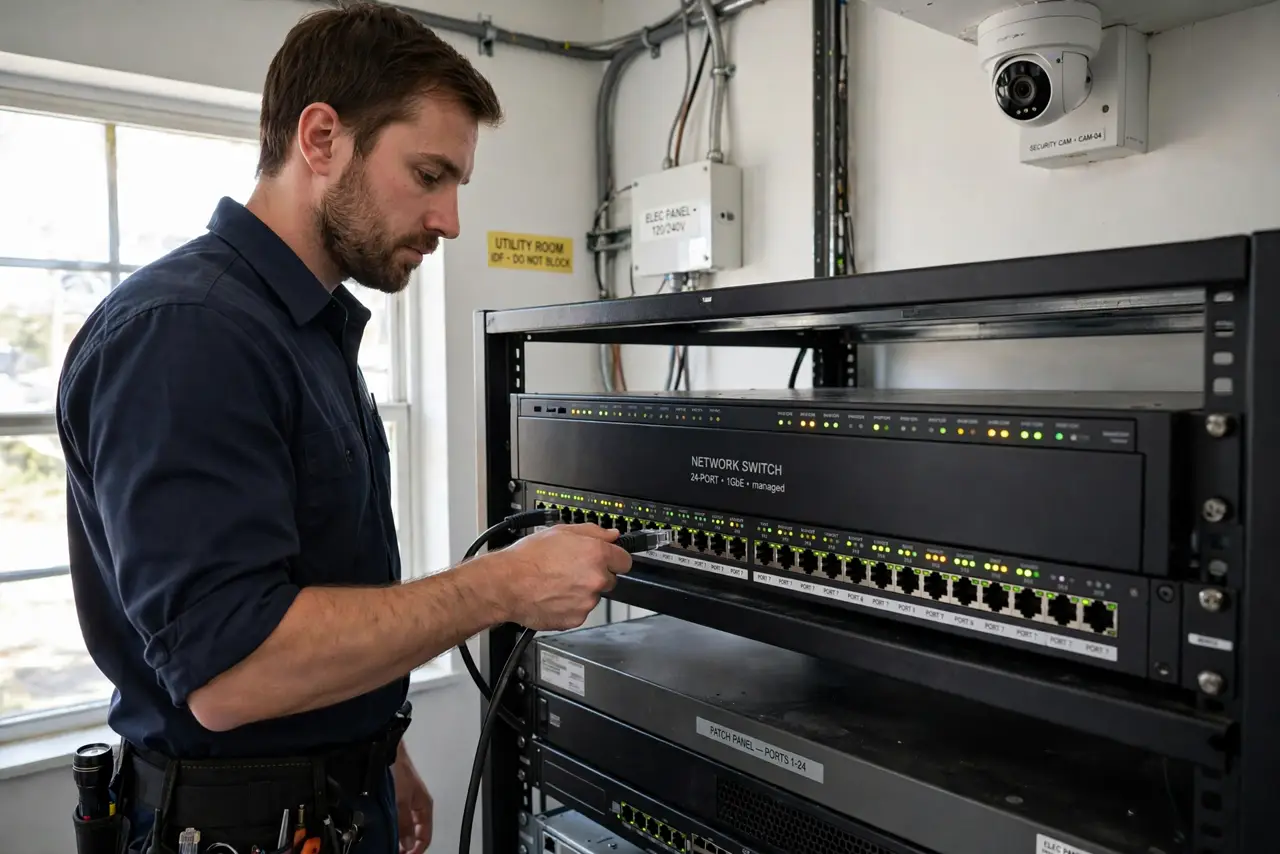 a person plugging a real Ethernet cable into a real network switch on a rack shelf, a security camera mounted on the wall nearby, the person's face focused, ...