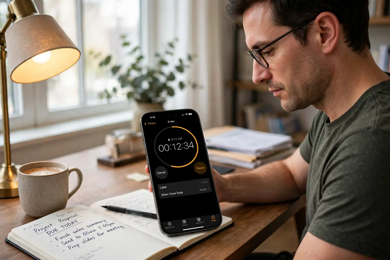 a person at a real desk with a phone showing a large legible countdown timer, a notebook beside it, the person's face focused, warm desk lamp.
