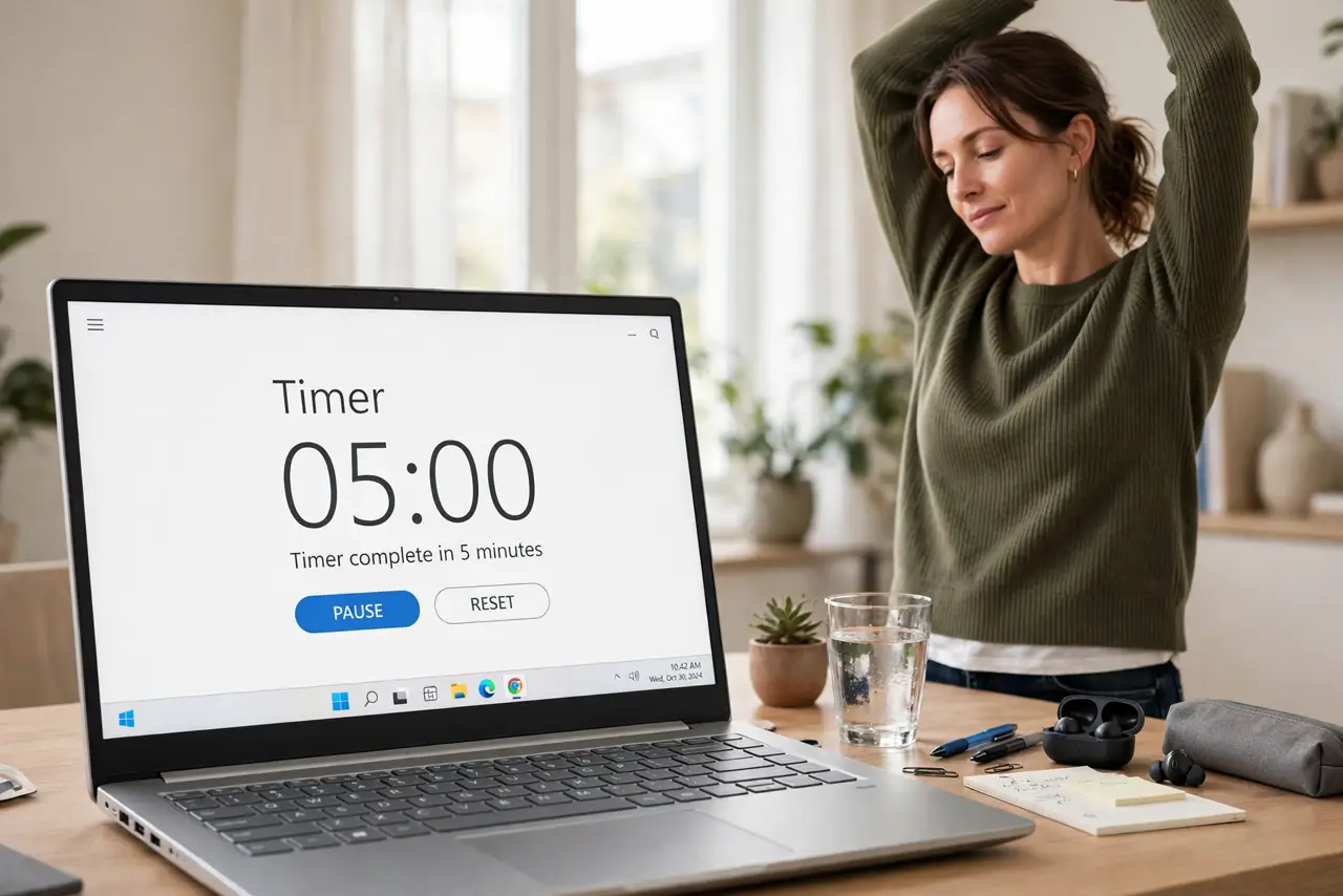 a calm adult standing and stretching beside a desk with a real Windows laptop showing a normal timer app with legible numbers, a glass of water nearby, the person relaxed