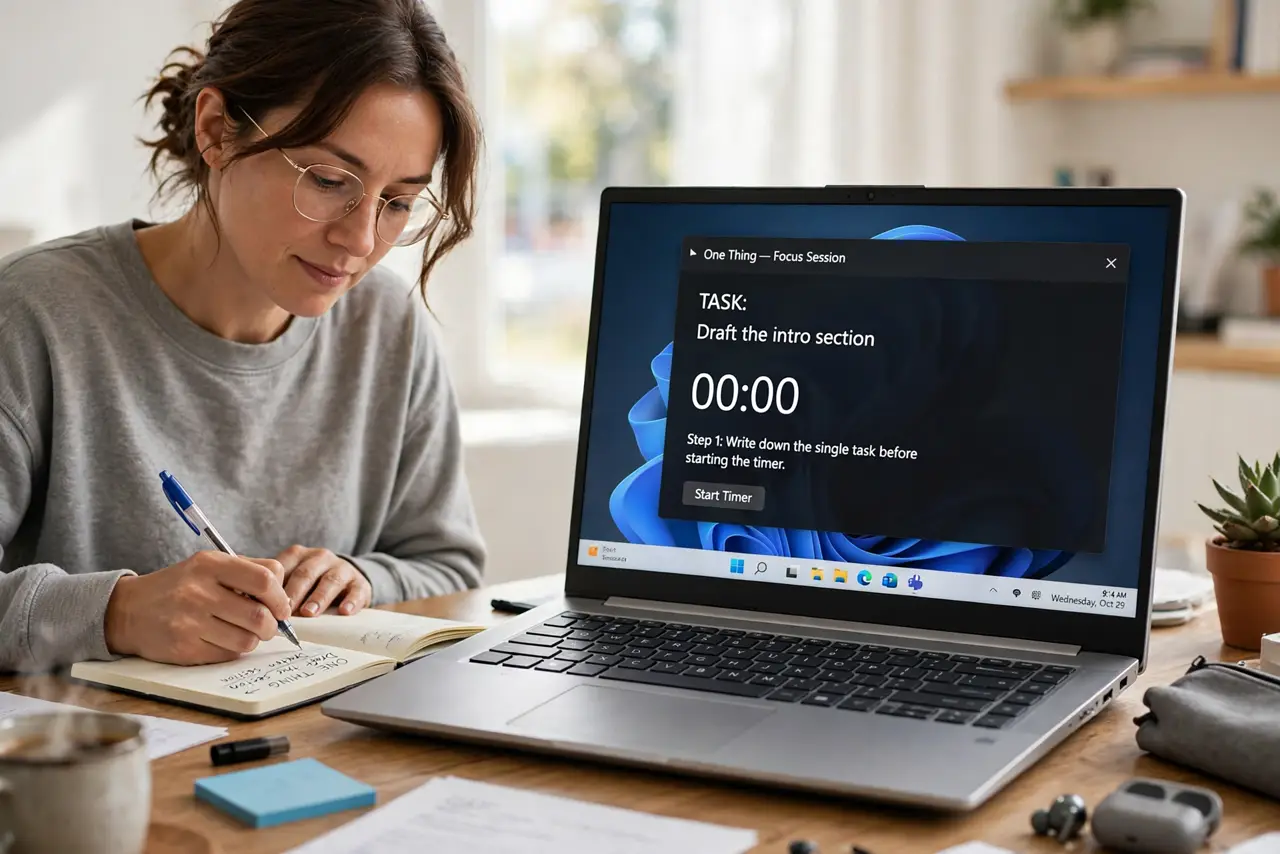 A person performing the first step of the guide: Pick exactly one task. Write down the single task before starting the timer. 'One thing' is the whole method.