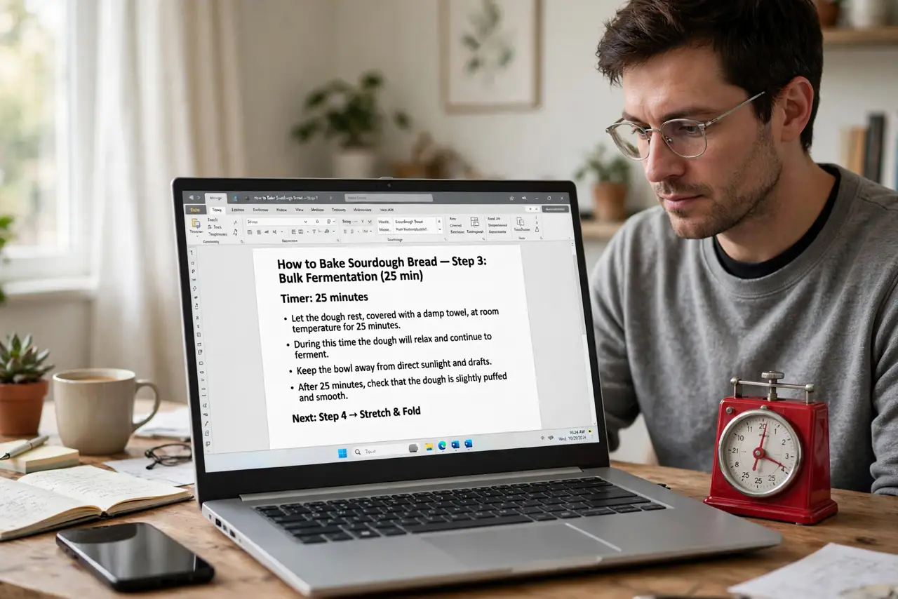 A person at a desk with a real kitchen timer showing 25 minutes next to a laptop with a document open and legible, phone face-down, the person's face.