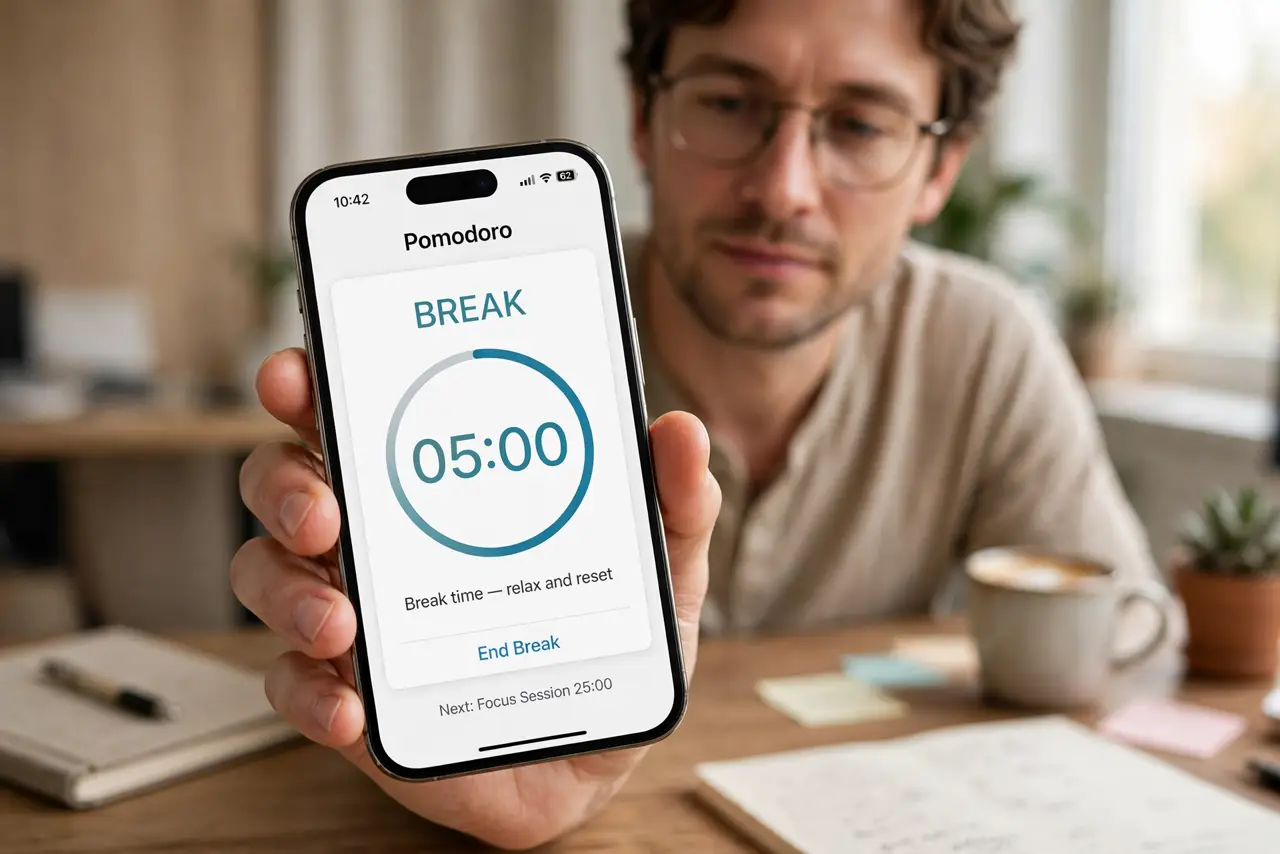 a calm adult at a desk with a real phone in hand showing a pomodoro timer on the real screen with a break countdown legible. No black screen, no blank white scr