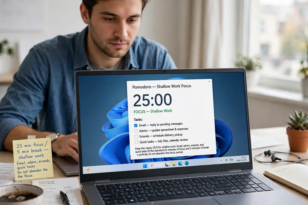 A person performing the guide's first step: Keep the classic 25/5 for shallow work. Email, admin, errands, and quick tasks fit the standard 25 minutes of focus and 5 minutes of break…