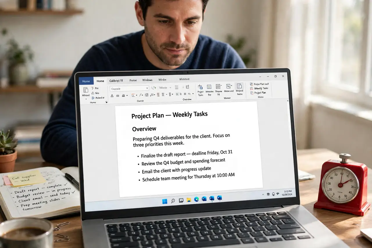 A person working at a real desk with a laptop showing a document with legible text, a kitchen timer beside it, a notebook with a task list, the person's face concentrated and calm, warm home office….