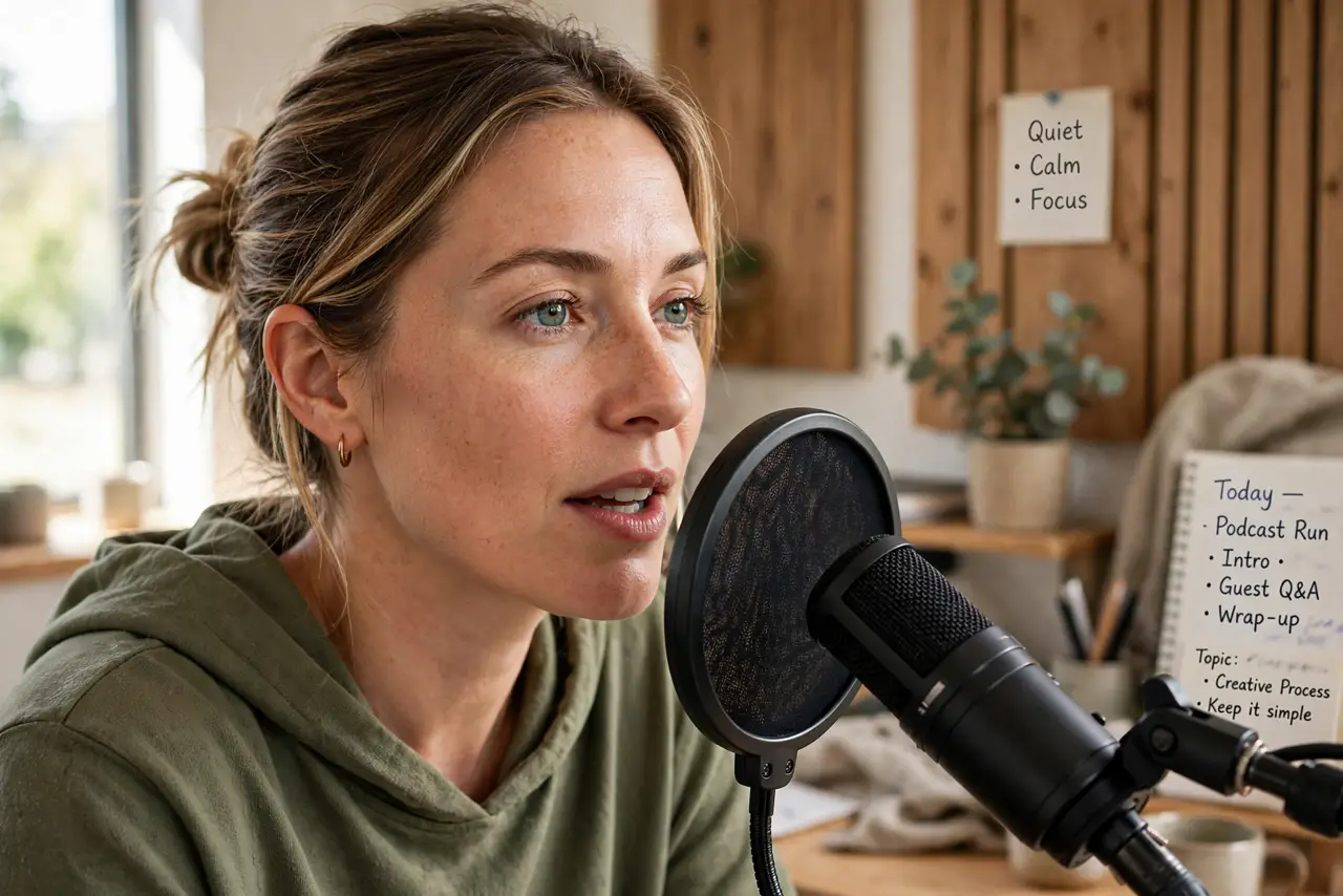 a person speaking into a real microphone with a real pop filter positioned in front, the filter's mesh legible, the person's face focused, home studio.