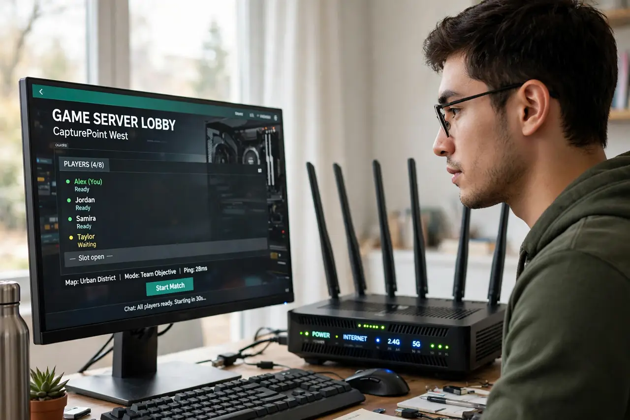 a person at a real PC showing a game server lobby with a legible player list, a router with blinking lights nearby, the person's face focused. No black screen, no blank white scree.