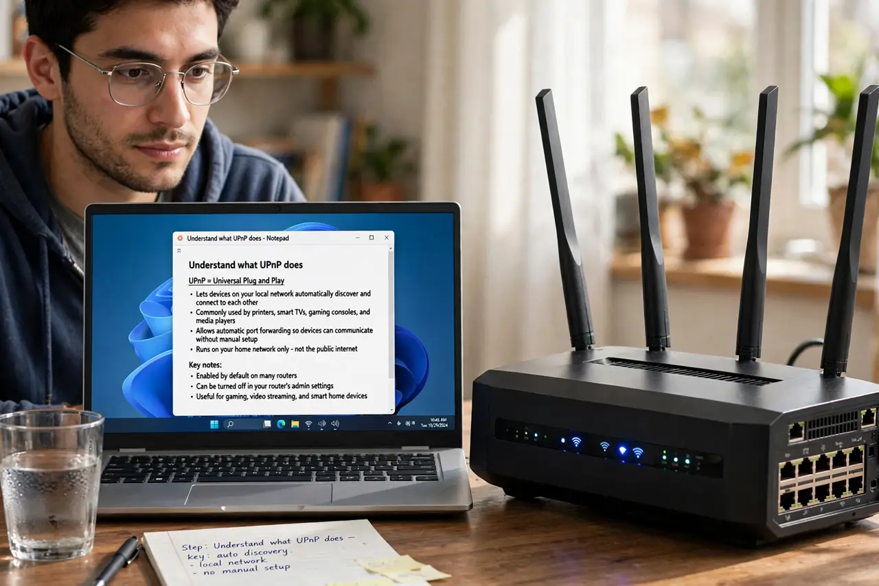 A person calmly performing the guide's first step: Understand what UPnP does.