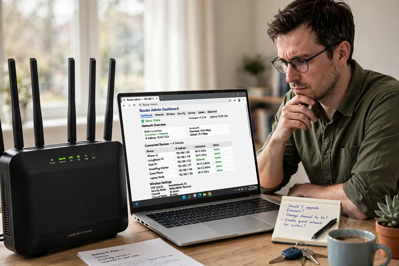 a person at a desk with a real router and a laptop showing router admin settings with legible text, the person's face weighing options. No black screen, no blank white screen, no f.