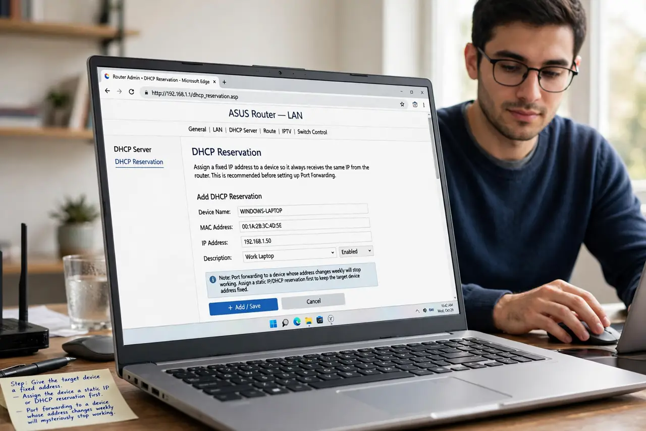 A person performing the first step of the guide: Give the target device a fixed address. In your router, assign the device a static IP or DHCP reservation.