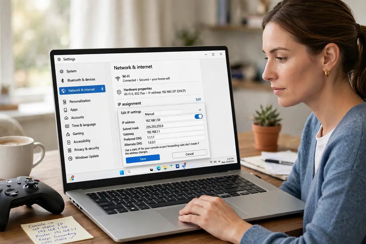 A person performing step 1 of the guide: Give the console a fixed local address. In the router, reserve one local address for the console, or set a static address on the console itself. Forwarding rules break if the conso...
