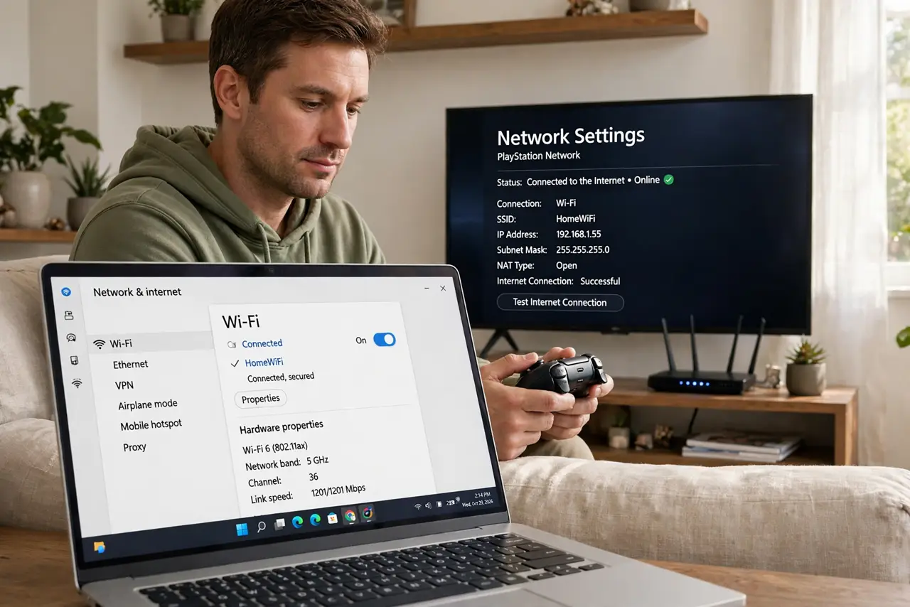 a calm adult on a couch holding a real game controller, a TV showing a game console network settings screen with legible text, a router visible on a nearby shelf. No black screen, no blank white screen, no fake or gar...