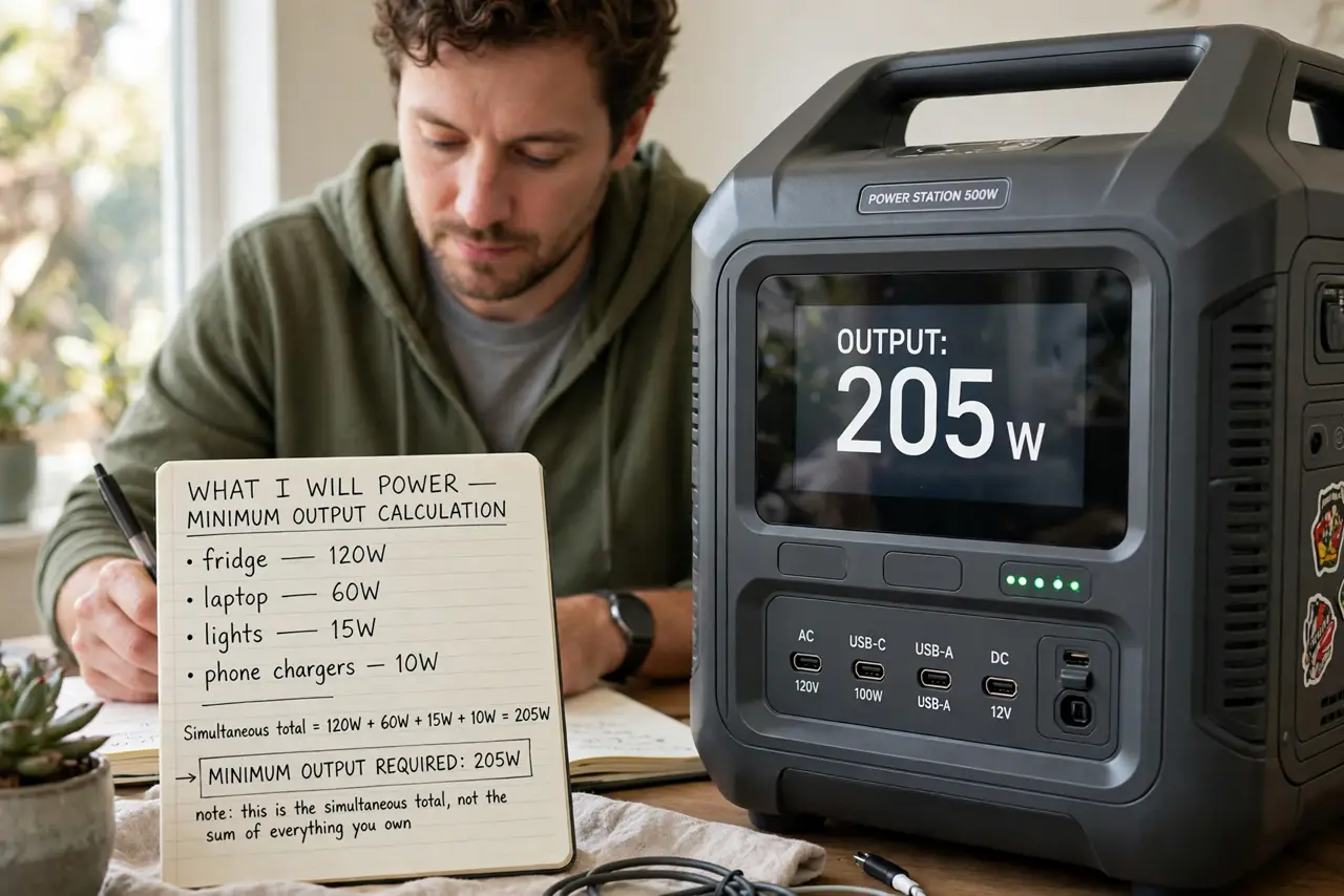 A person performing the first step of the guide: List what you will power. Write down each device and its watts — fridge, laptop, lights, phone chargers. The.