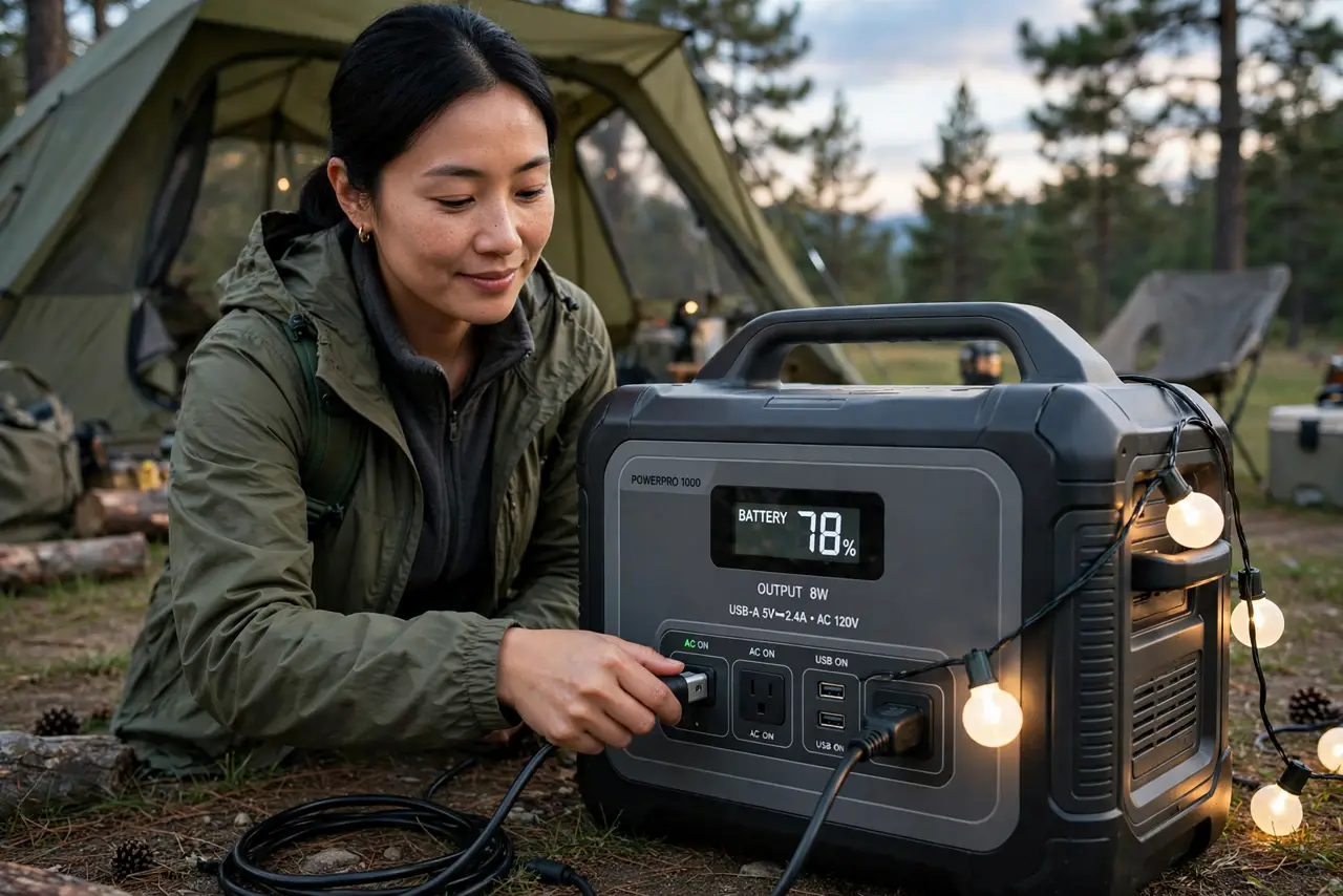 A person at a campsite plugging a real string of lights into a real portable power station with a display showing battery percentage legible, tent.
