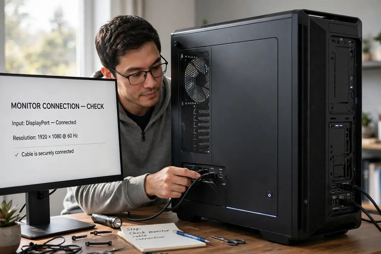 A person calmly performing the guide's first step: Check where the monitor plugs in.