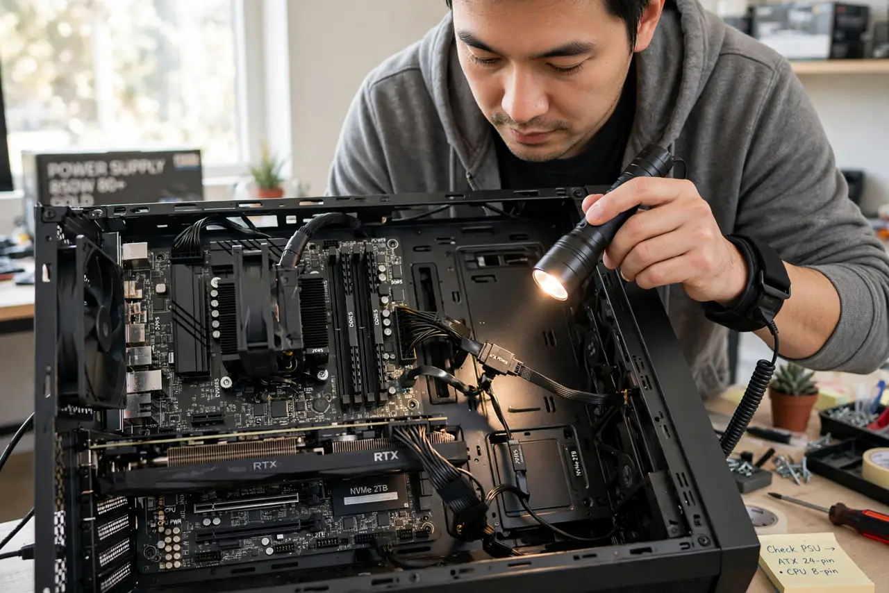 a person troubleshooting a real open PC case with a flashlight, checking power cable connections on the motherboard, the person's face focused and calm, bright workspace. No black .