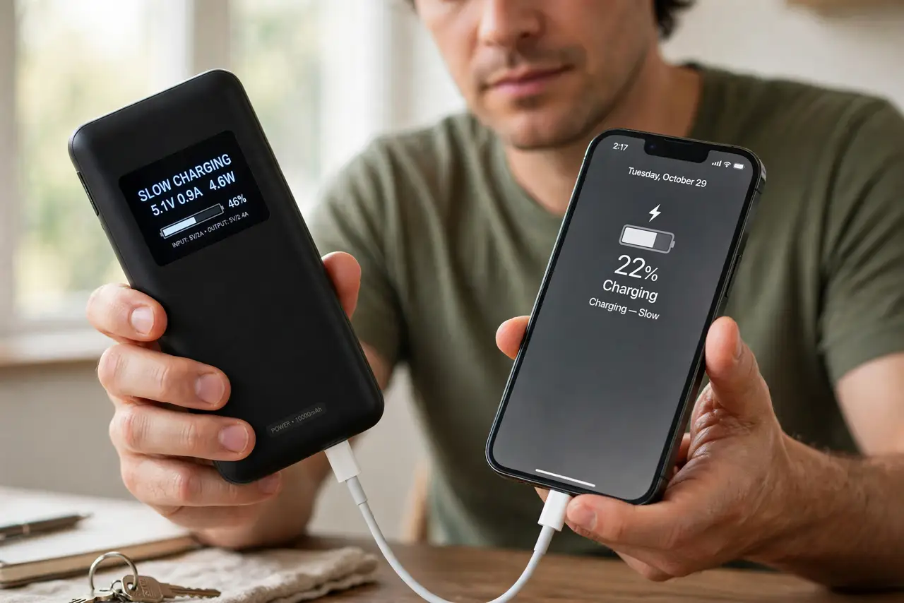 A calm adult checking a real power bank's display showing slow charging, a phone connected beside it with the charging screen legible, the person swapping the cable.