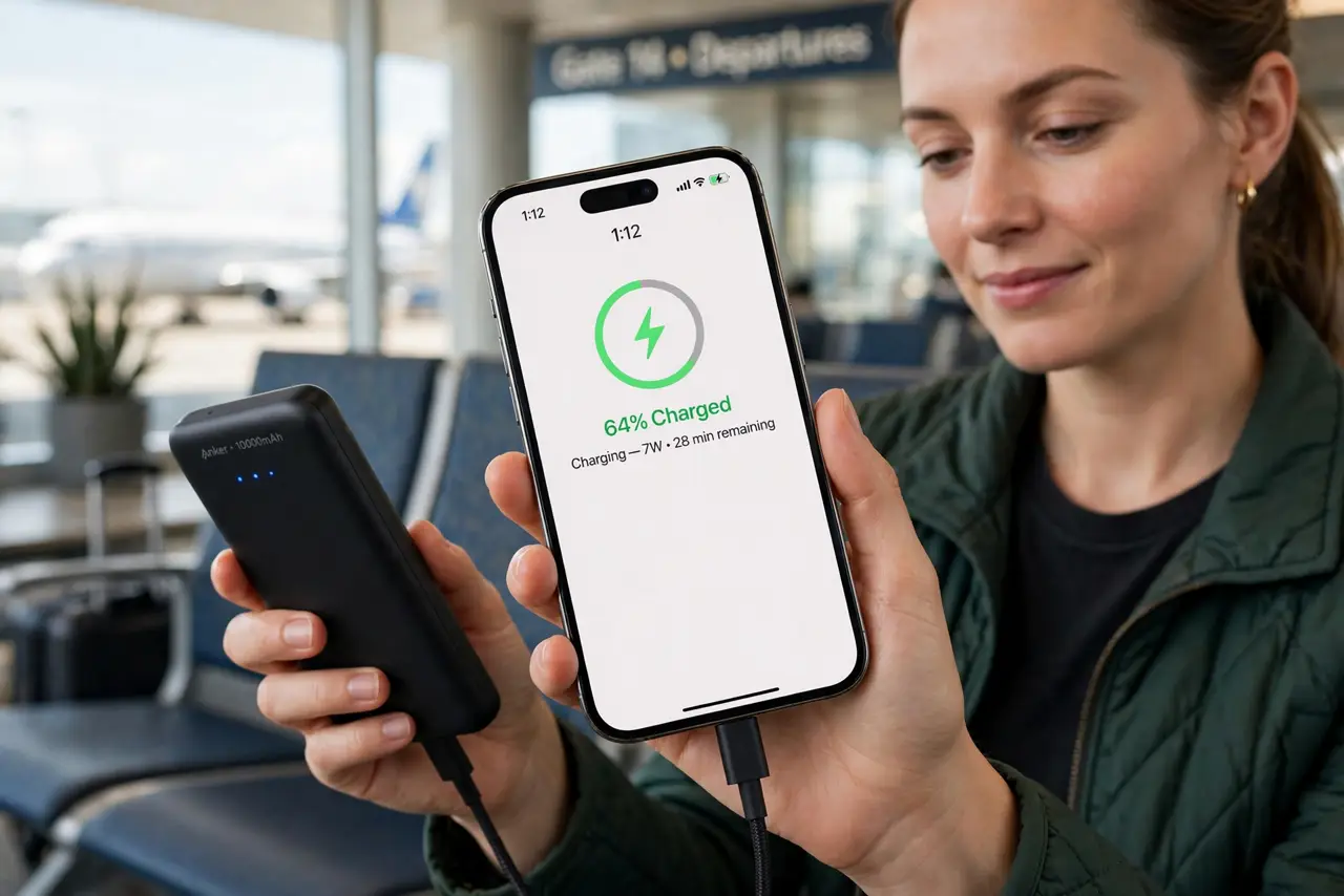 a person holding a real power bank charging a real iPhone with a cable, the phone screen showing the charging indicator legibly, the person's face satisfied,...