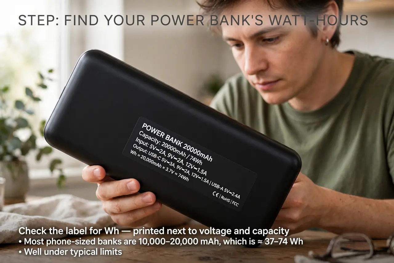 A person performing the first step of the guide: Find your power bank's watt-hours. Check the label for Wh — it is often printed next to the voltage and.