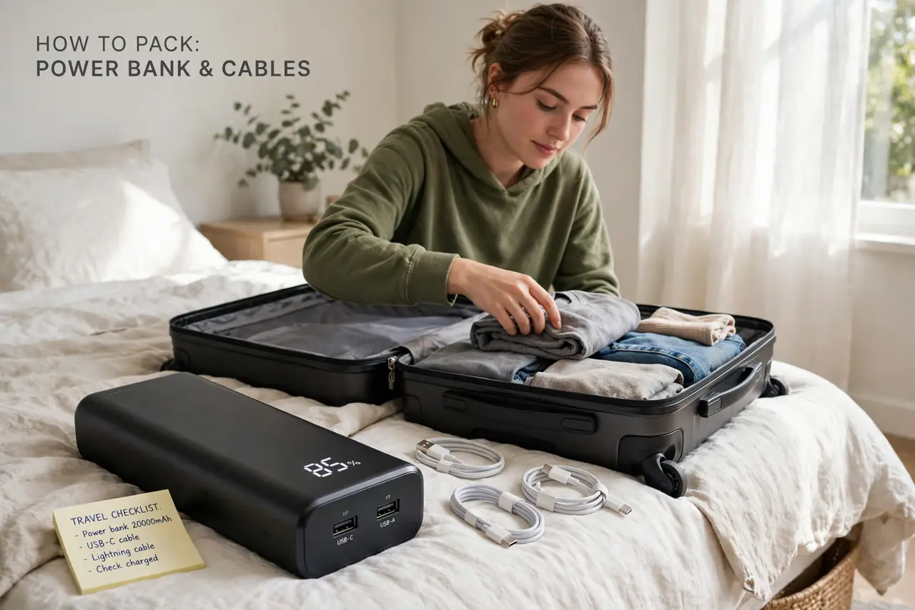 A person packing a carry-on bag at home with a power bank and charging cables visible on the bed beside the suitcase, bright daylight. No black.