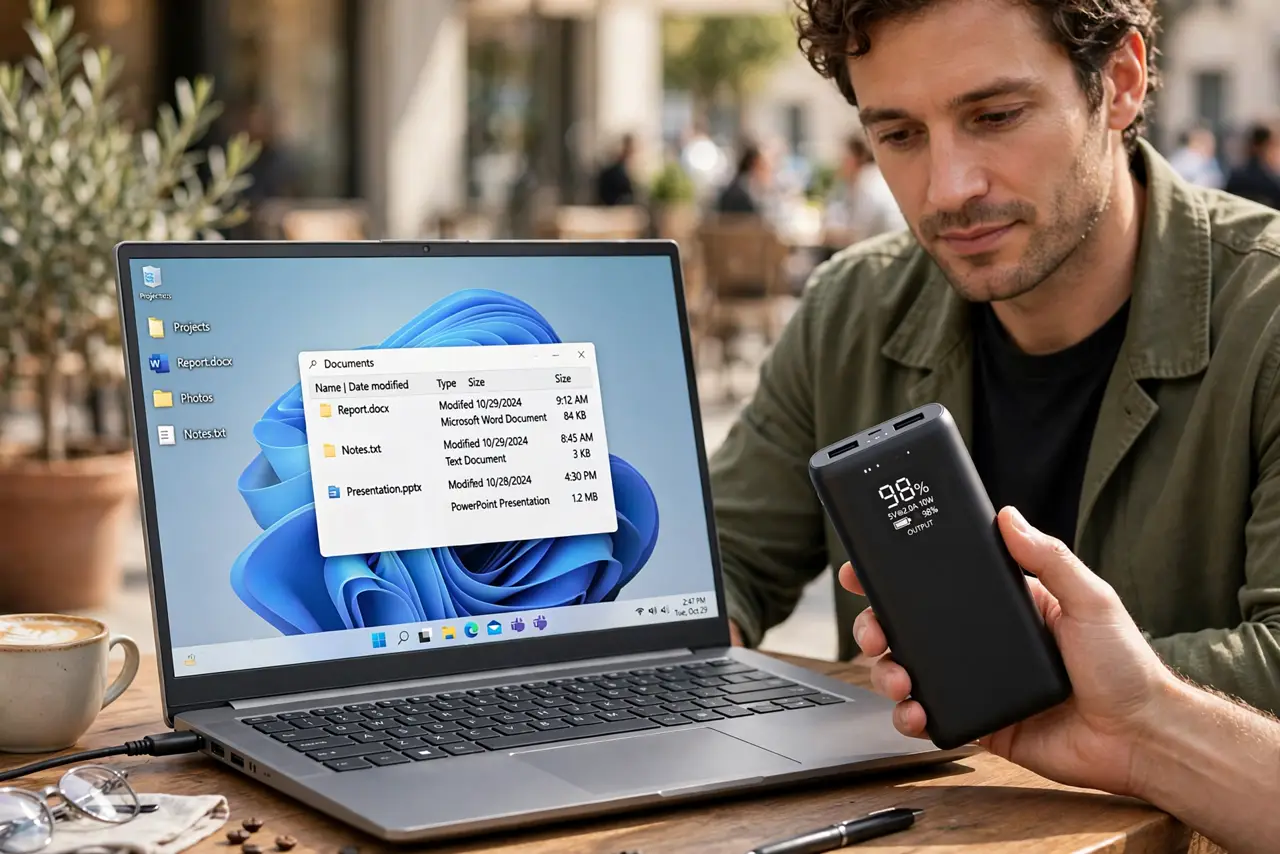 A calm adult at a cafe table with a real laptop connected to a power bank, the laptop screen showing no charging indicator with legible text, the person checking the bank's display.