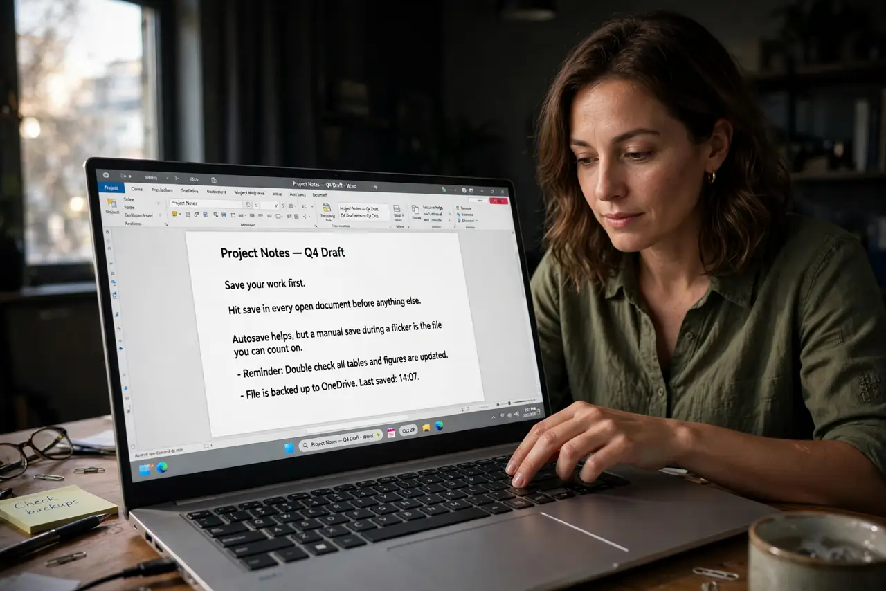 A person performing step 1 of the guide: Save your work first. Hit save in every open document before anything else. Autosave helps, but a manual save during a flicker is the...
