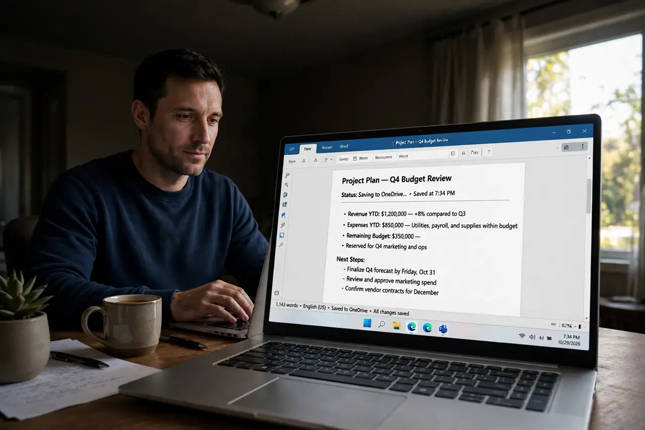 a calm adult at a desk in a dim room during a power flicker, saving work on a real laptop with a normal screen showing a document with legible text, composed expression