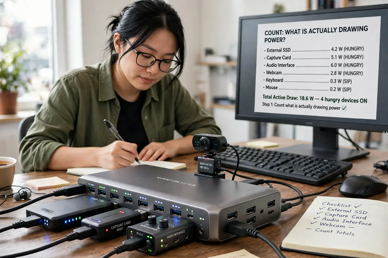 A person performing step 1: Count what is actually drawing power. Keyboards and mice sip power; external drives, webcams, capture cards, a.