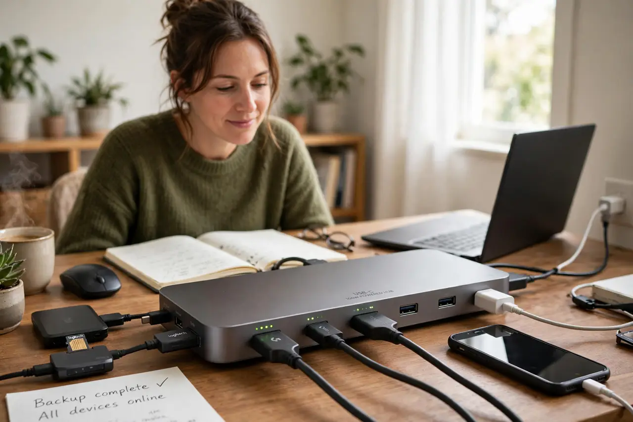A person at a real desk with a real USB hub connected to several real devices, a small power adapter plugged into the hub, the person's face relieved.