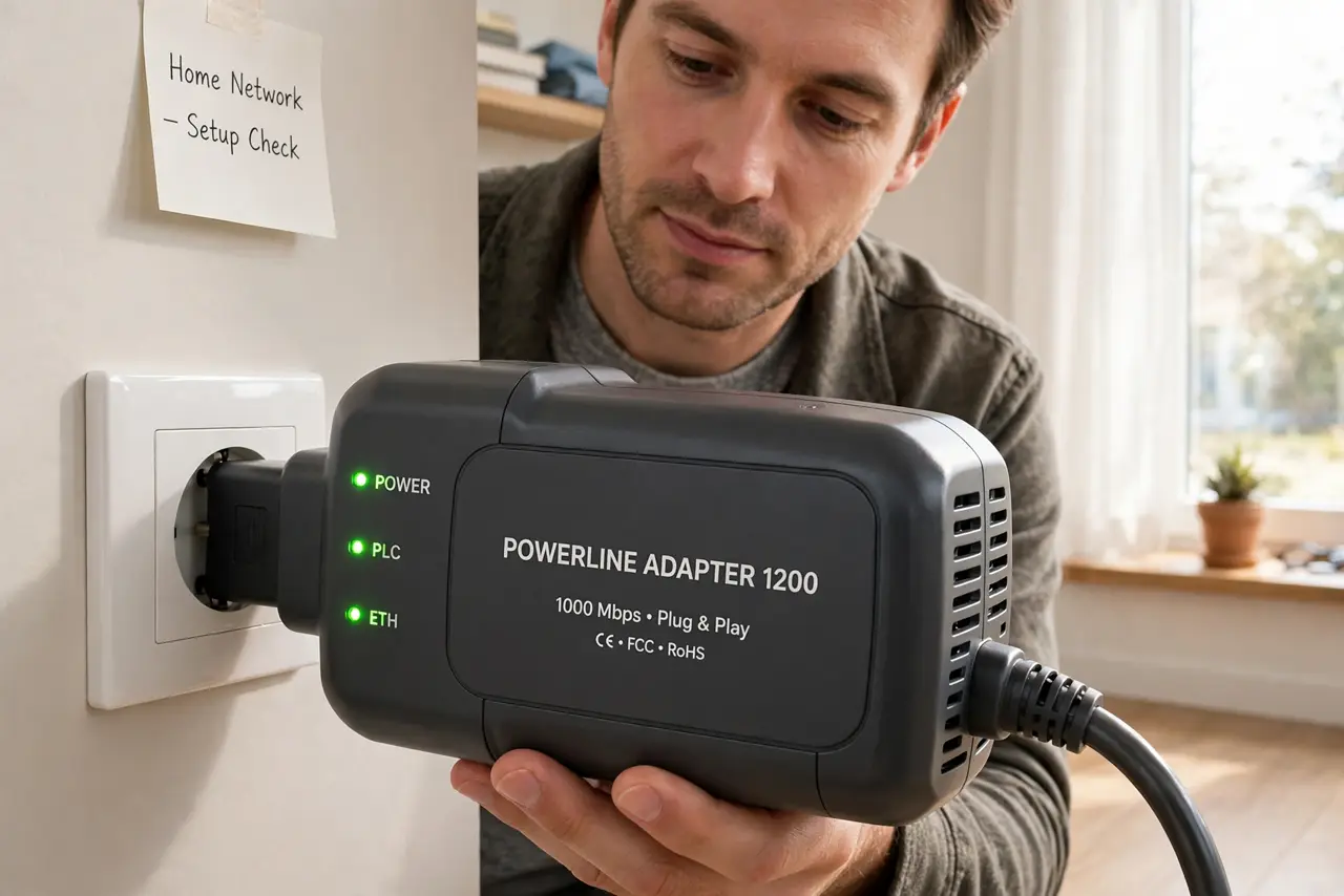Photorealistic photo: A calm adult in a room plugging a real powerline adapter directly into a wall socket, the real adapter lights visible complete and legible, the person checking calmly.
