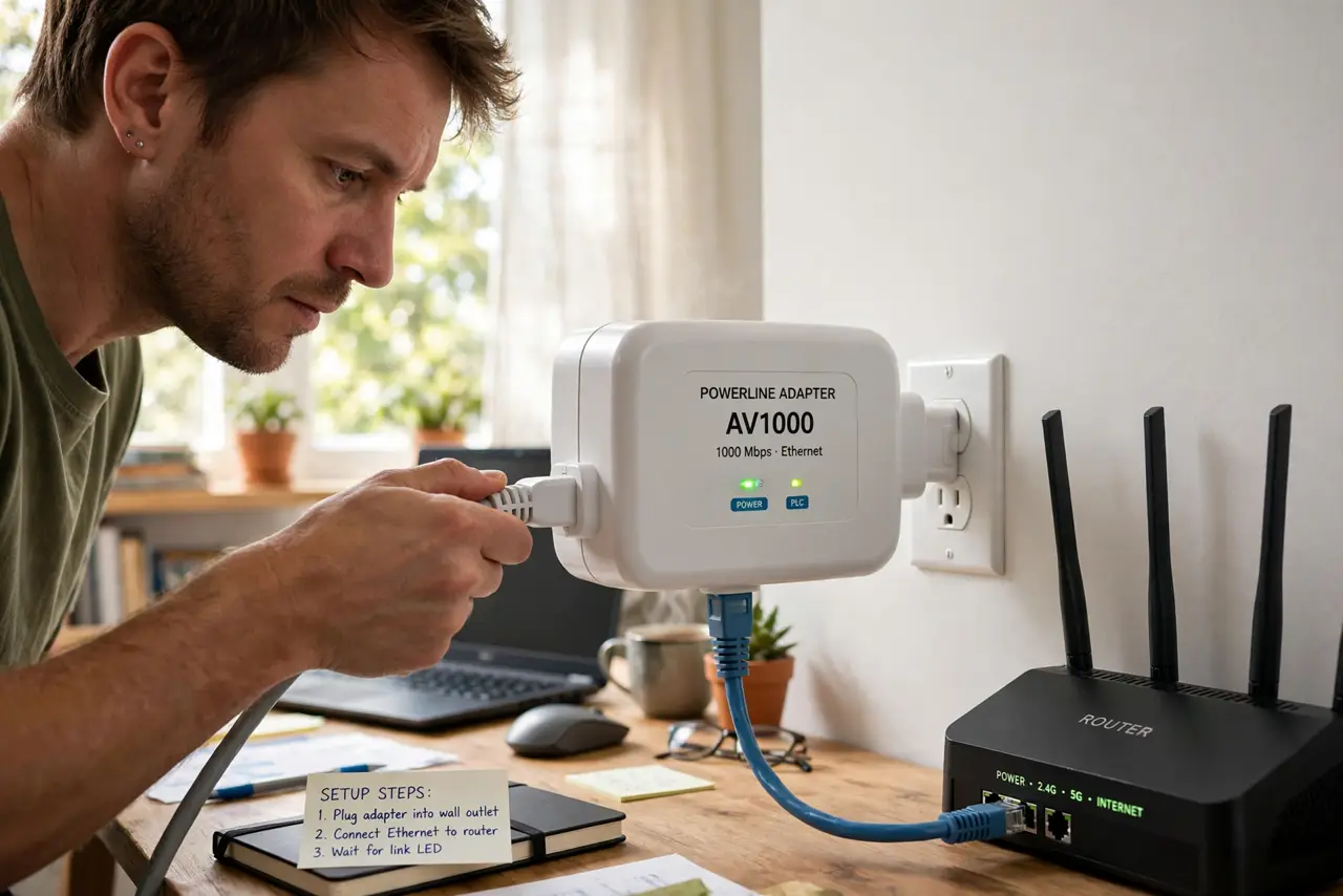 Powerline Adapter Slow — a person plugging a real powerline adapter into a wall outlet near a router, an Ethernet cable connected, the