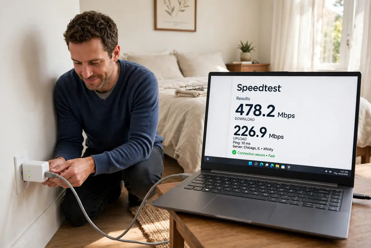 a person plugging a real powerline adapter into a wall outlet in a far bedroom, an ethernet cable running to a laptop showing a fast speed test, the person's...