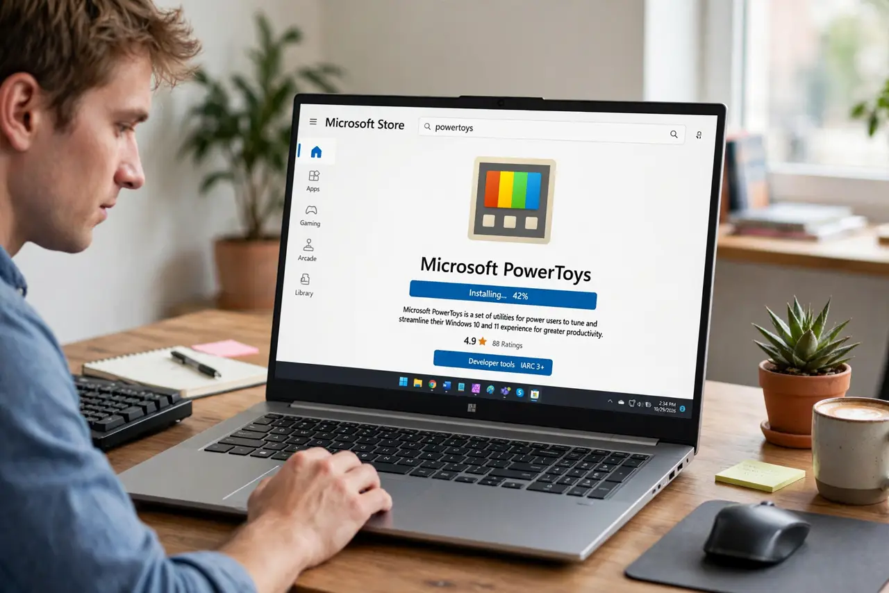 Photoreal photo of a person performing the first step: Install PowerToys from the Microsoft Store. Search for PowerToys in the Microsoft Store and ...