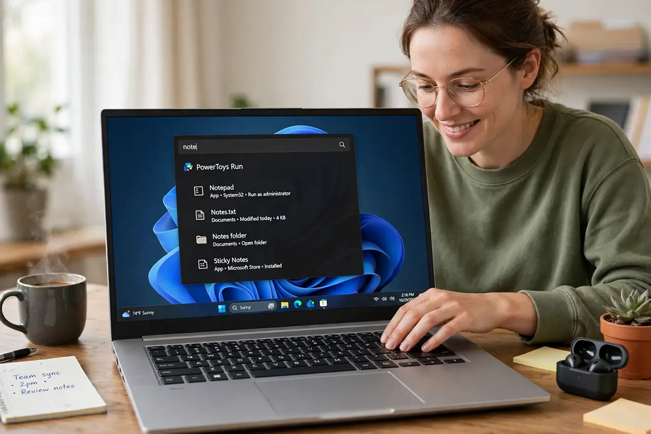 Photoreal photo: a person pressing keys on a real keyboard with the PowerToys Run launcher window open on a real Windows monitor showing legible search results, the person's face pleased, desk. No black screen, no ...