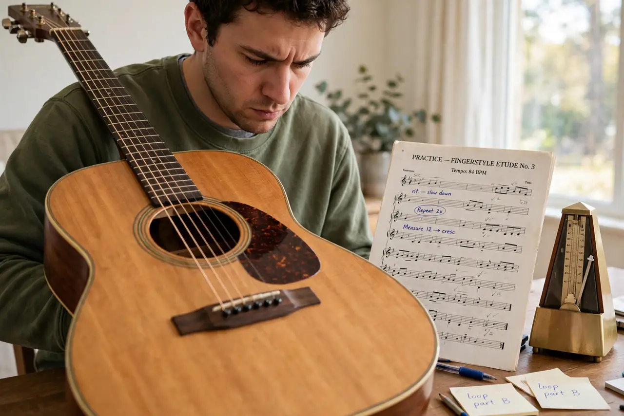 a person practicing guitar with focused posture, sheet music with annotations nearby, a metronome visible, the person's face concentrated. No black screen, no blank white screen, n.