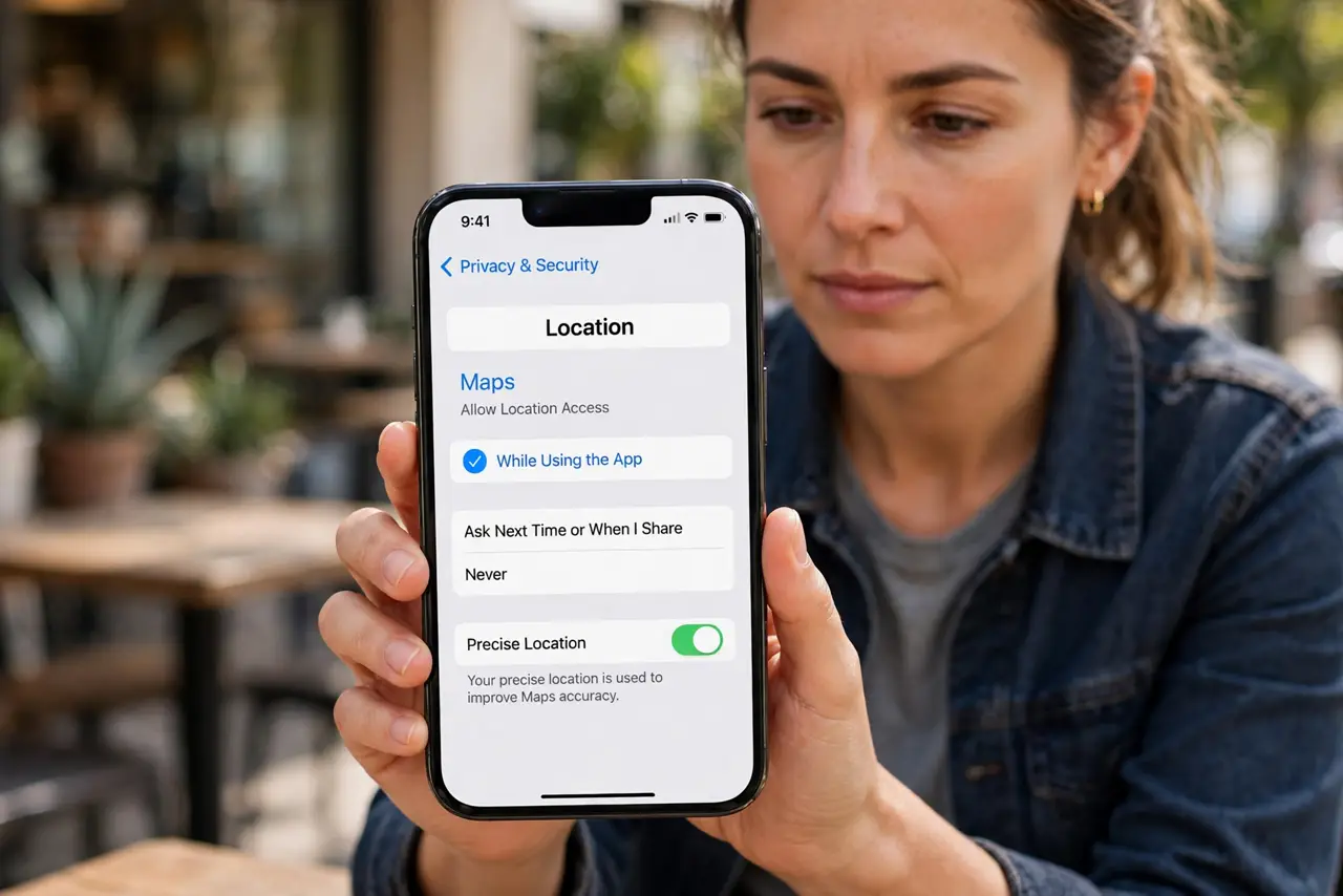 a person holding a real phone showing location permission settings with the Precise Location toggle visible and legible, the person's face decisive, outdoor ...