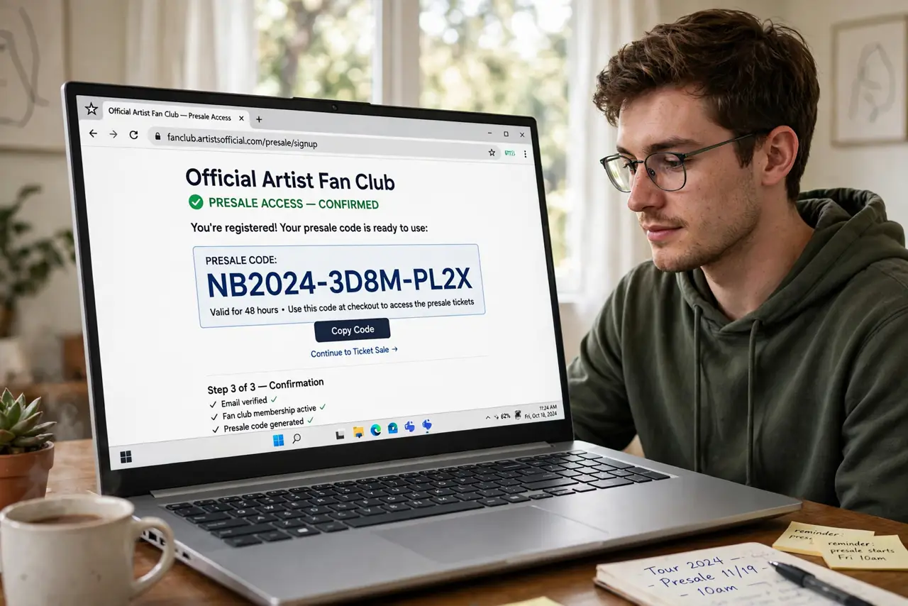 A person performing the first step: Get presale through official channels. Artist fan clubs, venue mailing lists, and credit card presales — free or cheap.