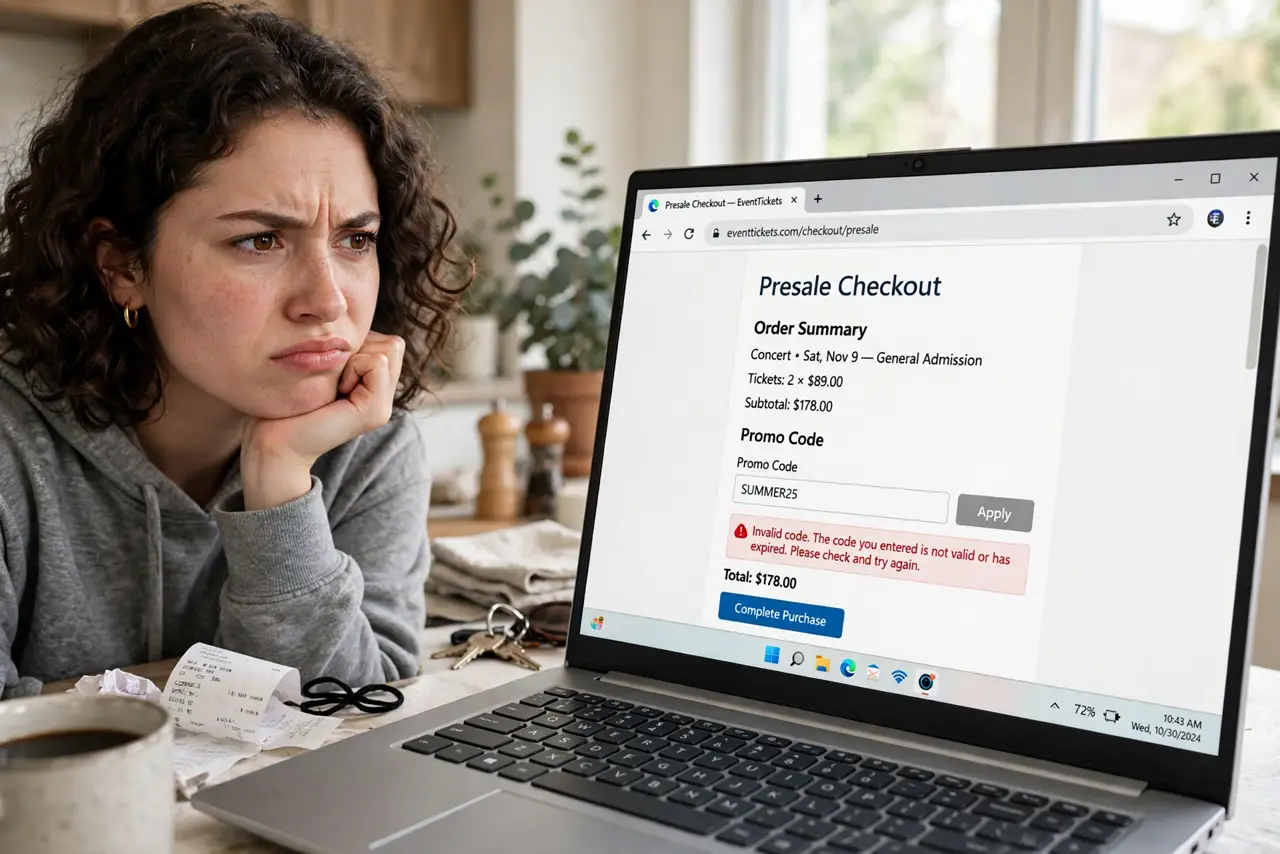 A frustrated fan at a real laptop showing a presale checkout with an invalid code error fully legible, the person's face annoyed, home.