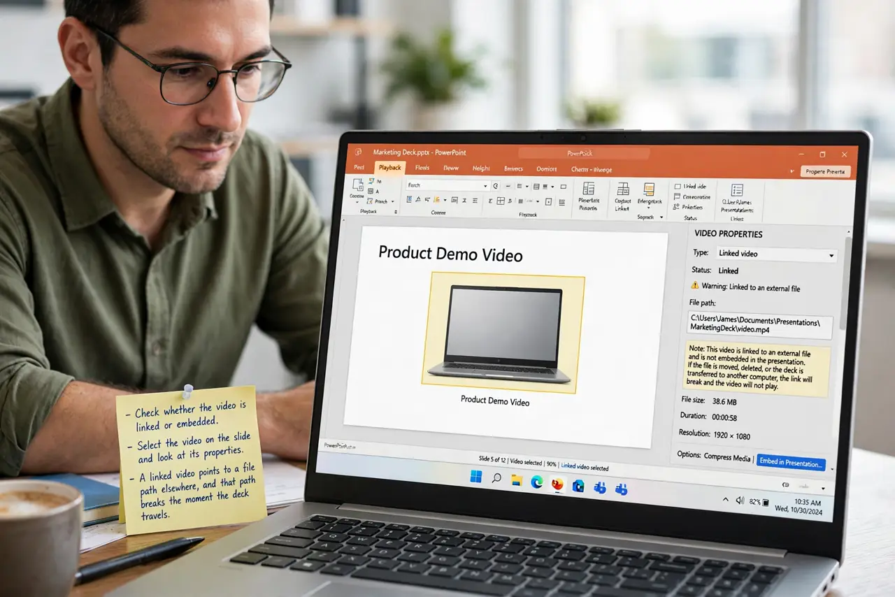 A person performing step 1 of the guide: Check whether the video is linked or embedded. Select the video on the slide and look at its properties. A linked video points to a file...