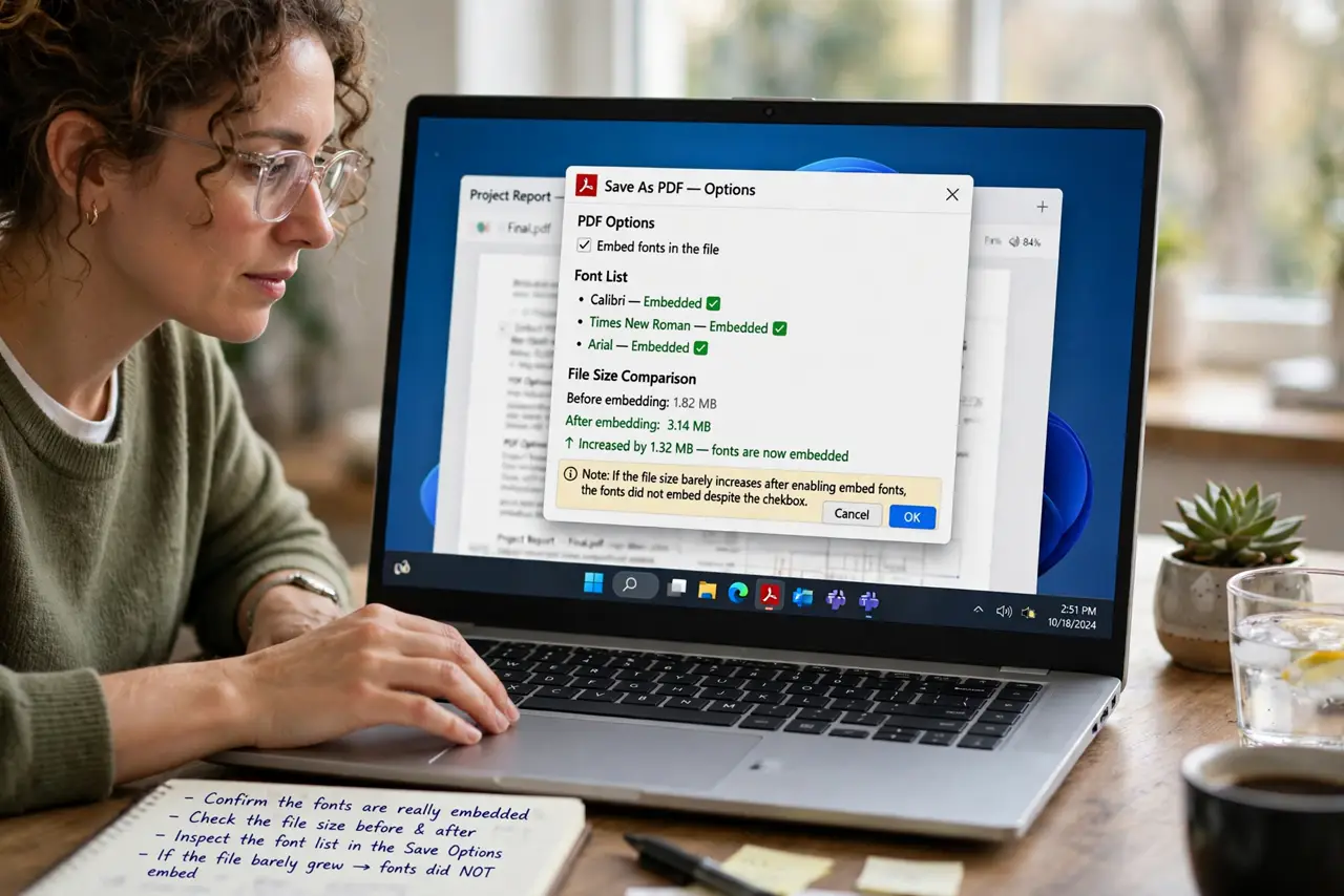 A person performing step 1 of the guide: Confirm the fonts really embedded. Check the file size before and after embedding, and inspect the font list in the save options. If the...