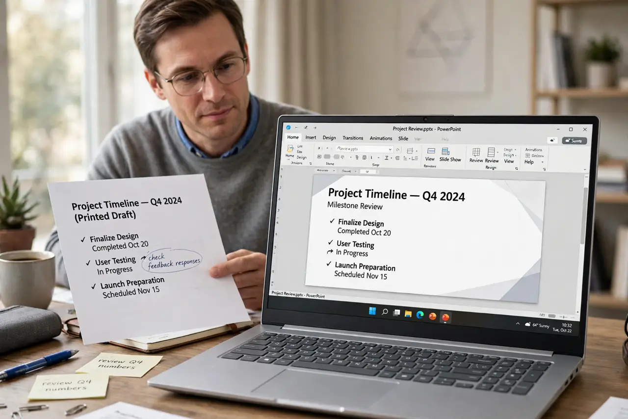 a calm adult at a desk with a real Windows laptop, a presentation open showing normal slide text with legible fonts, the person comparing it with a printed page