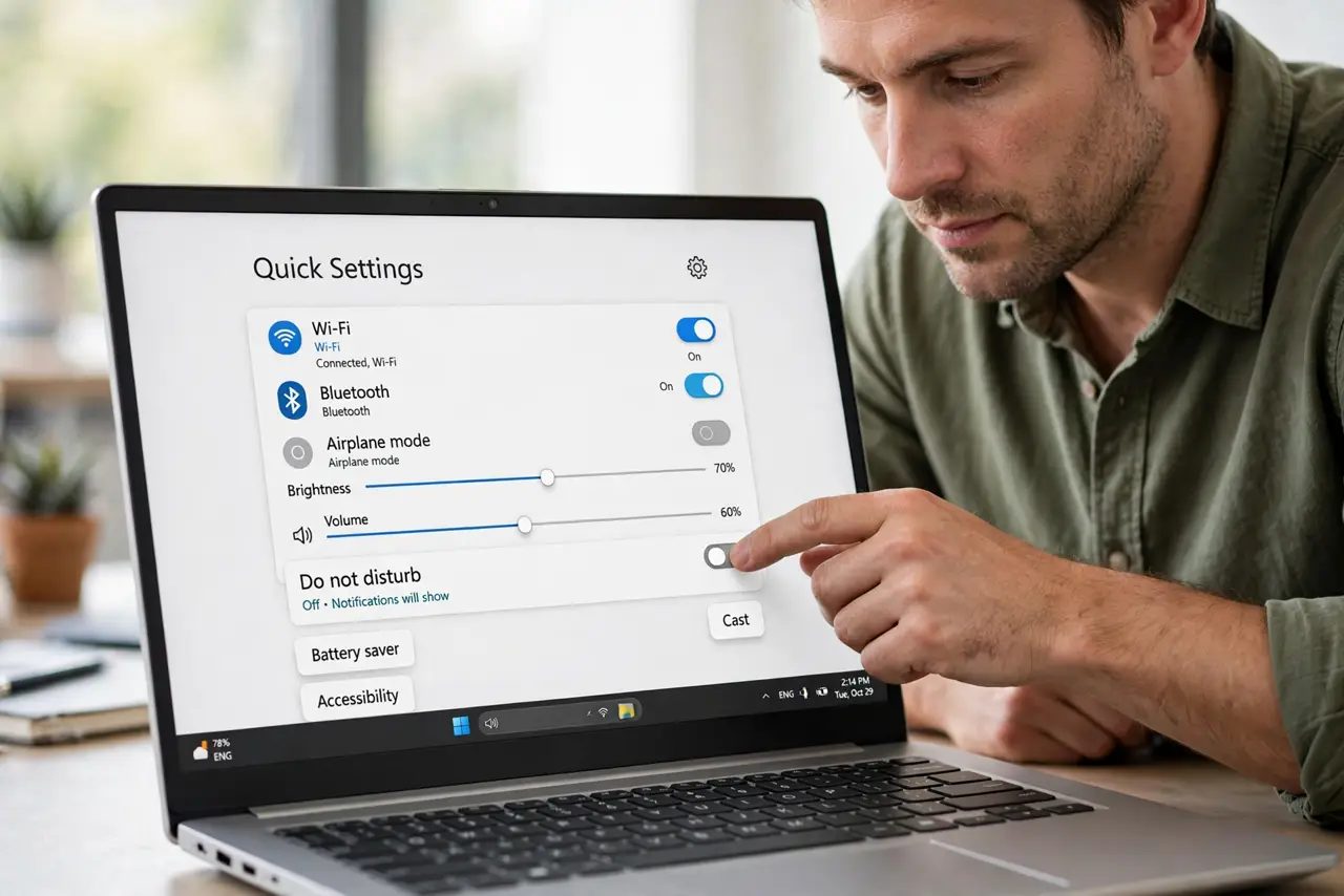 A focused man turning off Do not disturb in Windows Quick Settings.